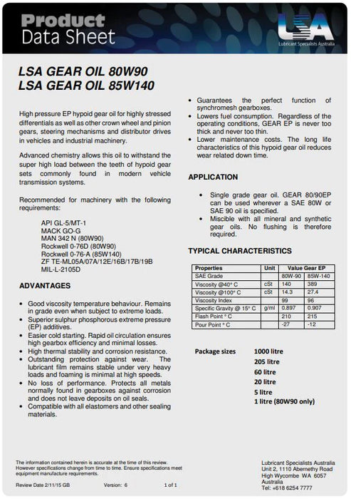 SN 80w90 Premium Australian Gear Oil 5 Litre