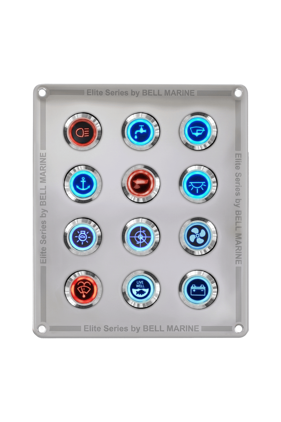 12 GANG STAINLESS STEEL SWITCH PANEL WITH 20AMP DUAL LED IP67 BACKLIT SWITCHES