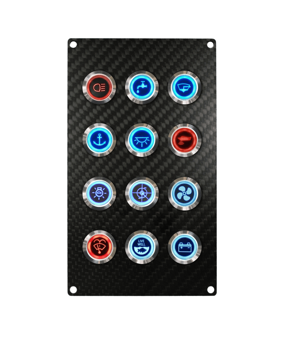 12 GANG SLIMLINE CARBON FIBRE SWITCH PANEL WITH 20AMP DUAL LED IP67 BACKLIT SWITCHES