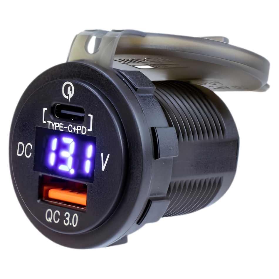 USB C+USB A SOCKET WITH VOLTMETER BLACK
