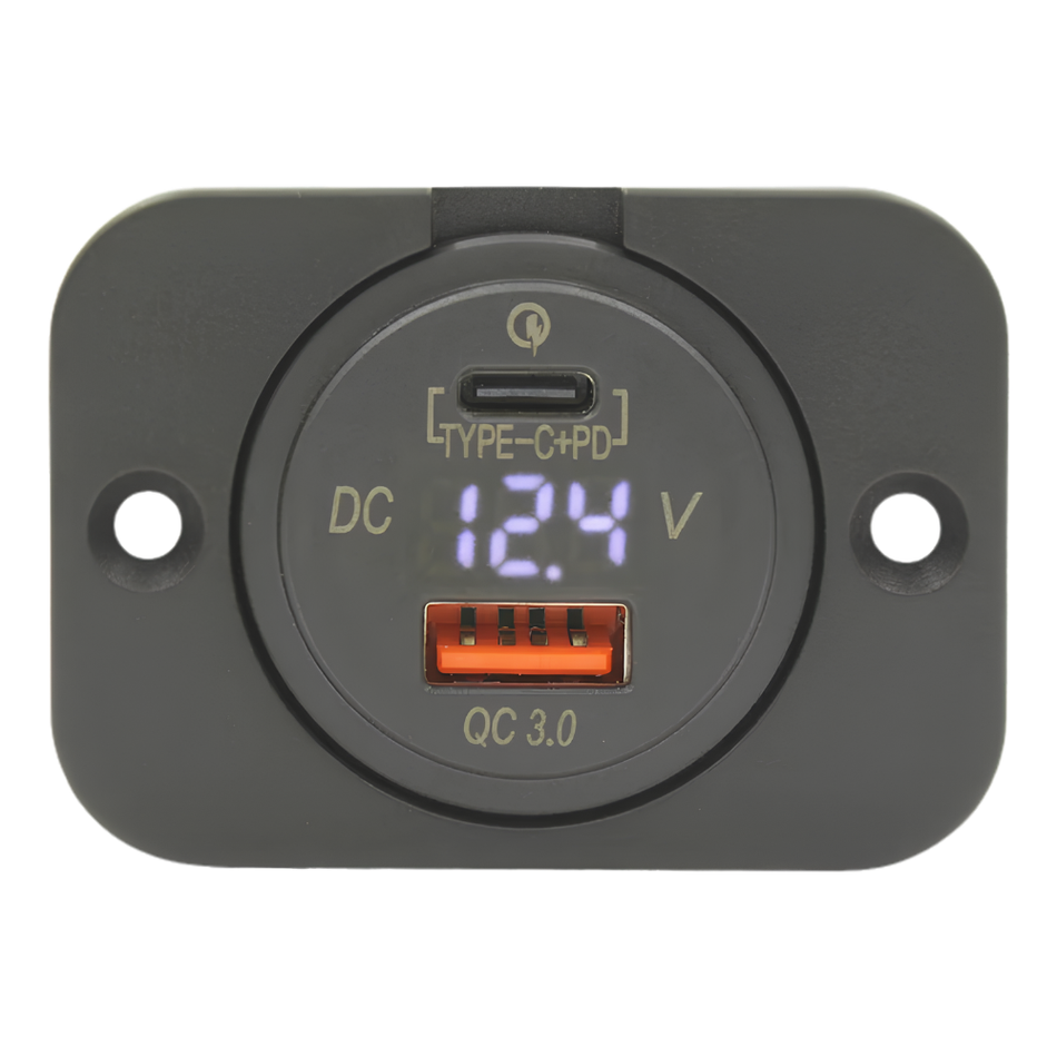 USB C+USB A SOCKET WITH VOLTMETER AND BLACK FACIA